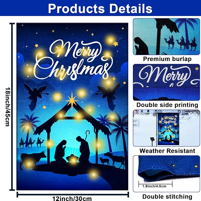 Nativity Christmas Lighted Garden Flag - Solar LED Burlap Religious Merry Yard Flag - Rustic Holy Night Farmhouse Outdoor Banner for Outside Decor - Xmas Holiday Sign 12 x 18 Inch