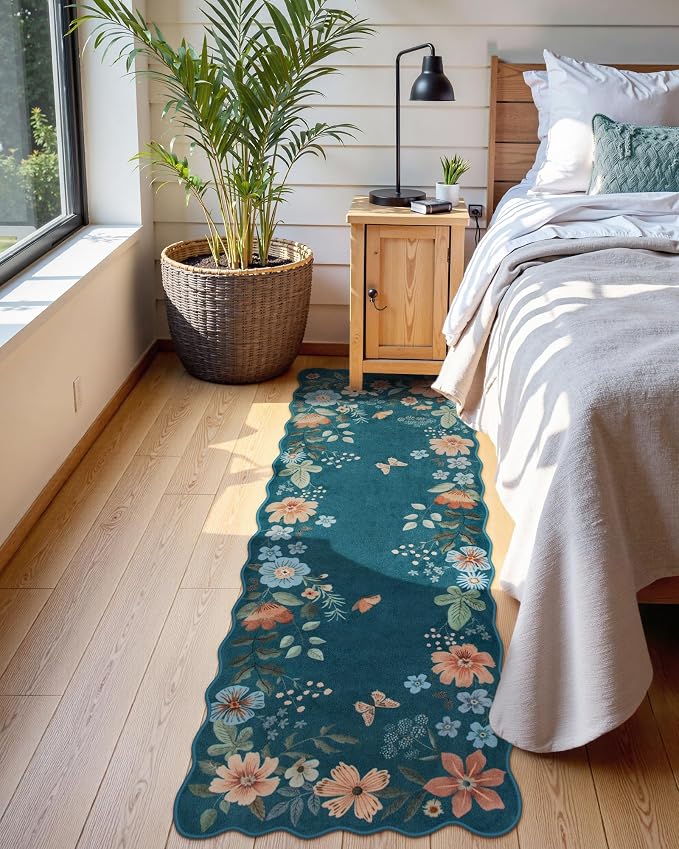 Lahome Floral Washable Runners for Hallways, 2x5 Soft Kitchen Runner Rug | Ultra-Thin Non-Slip Stain Resistant Boho Low-Pile Carpet Runner for Bathroom Bedroom Flore (2x5ft, Navy Blue)