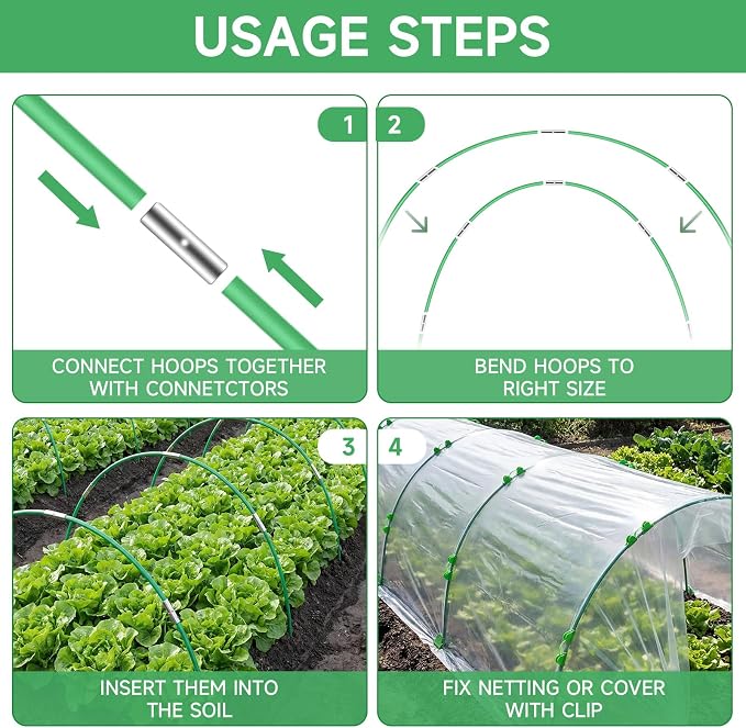 72 Pcs Garden Hoops for Raised beds, 12 Sets of 8 FT Rust-Free Fiberglass Support Greenhouse Hoops Grow Tunnel for Garden Netting Plant Shade Cloth Row Cover DIY Plant Support Garden Stakes