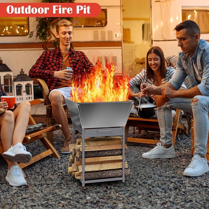 24 Inch Stainless Steel Outdoor Fire Pit with Grill 3-in-1 Wood Burning Fire Pits for Outside Square Firepit with Wood Storage and Ash Pan for Camping Patio Bonfire and BBQ