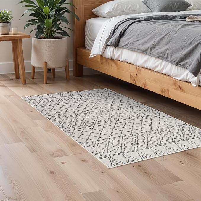 2x3 Entryway Rug Washable: Moroccan Small Area Rugs for Entryway Grey | Low Pile Indoor Mat Non Slip with Rubber Backing Thin Area Rug Pet Friendly for Front Door Kitchen Bedroom