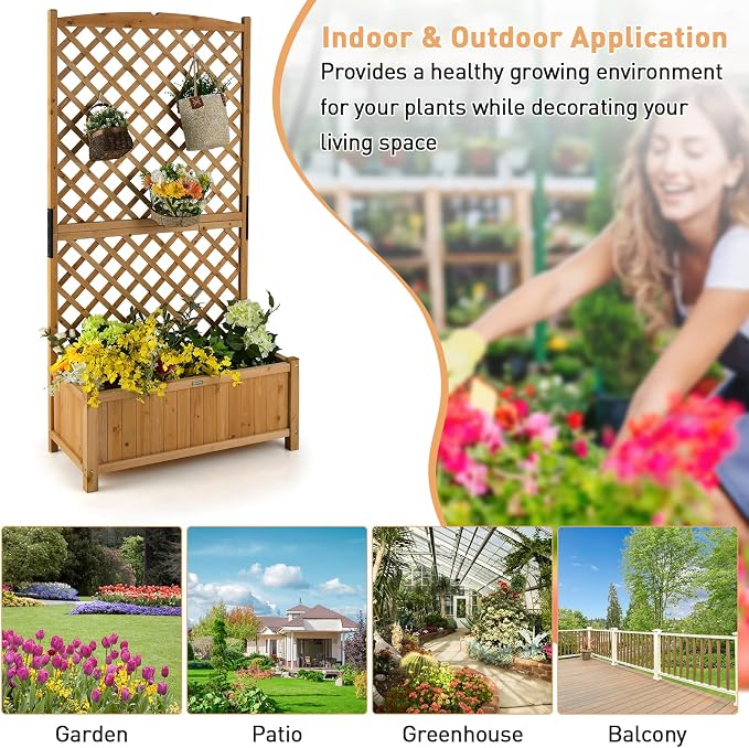 Giantex 2 Pcs Planter Raised Bed with Trellis, 71" Wooden Garden Bed, High Trellis for Plant Flower Climbing Pot Hanging, Indoor & Outdoor Planter Box for Yard, Garden, Balcony