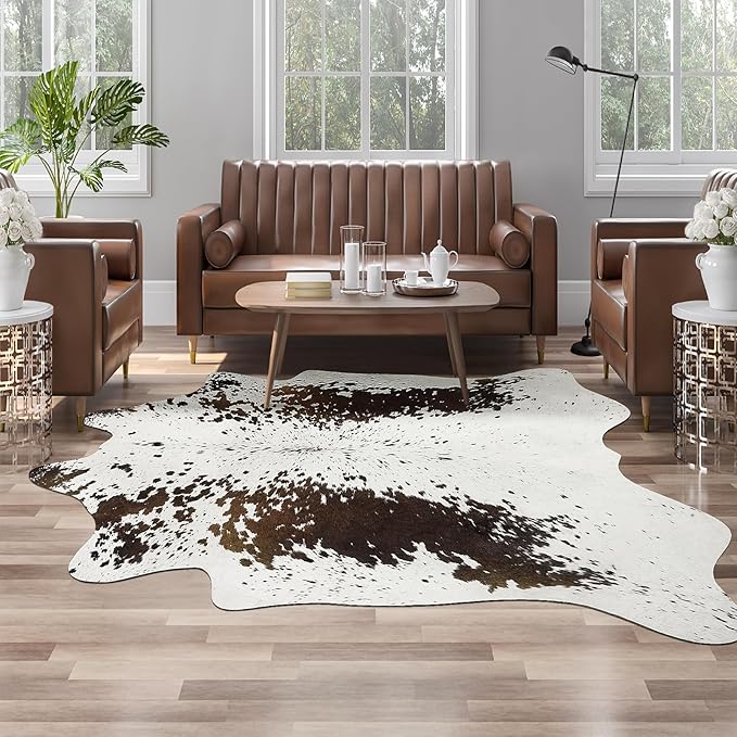 AROGAN Faux Cowhide Rug, Cow Print Animal Area Rug, 5.2x6.2 Ft Spots Brown | Premium Cow Hide Carpet, Western Rug for Bedroom Living Room Decor, Durable Faux Cow Skin Cowhide Area Rug