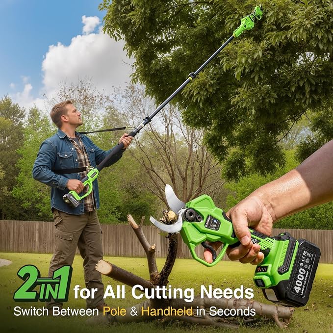 TaskStar 2-in-1 Electric Pruning Shears: 1.6" Cutting Diameter 9Ft Cordless Pole Pruner - 2 x 4000mAh Batteries, Extra SK5 Blade, 4 Cutting Modes Brushless Branches Cutter for Flower Tree Trimming
