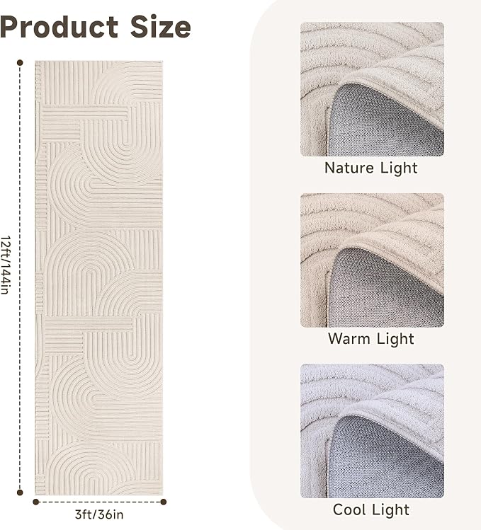 Pauwer 3x12 Area Rugs for Living Room, Modern Non Slip Washable Rug, Beige | Arch Pattern, Soft Fluffy, Neutral, Boho Accent, Solid Color Floor Carpet, For Kids Room Dining Room Nursery Entryway