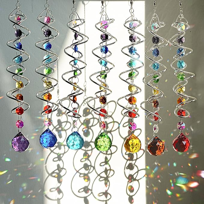 7 Pcs Crystal Gazing Ball Spiral Wind Spinner Suncatcher Garden Decor | Crystal Suncatcher Wind Spinner with Spiral Tail Gazing Ball Swivel Hook Hanging for Indoor Outdoor Yard Garden Home Decor