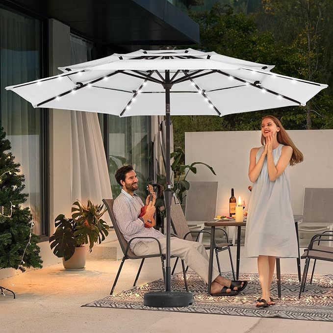 JEAREY 3 Tiers Patio Umbrella with Solar Lights 9ft Outdoor Market Table Umbrellas with Push Button Tilt for Outside Pool Garden, Creamy-white