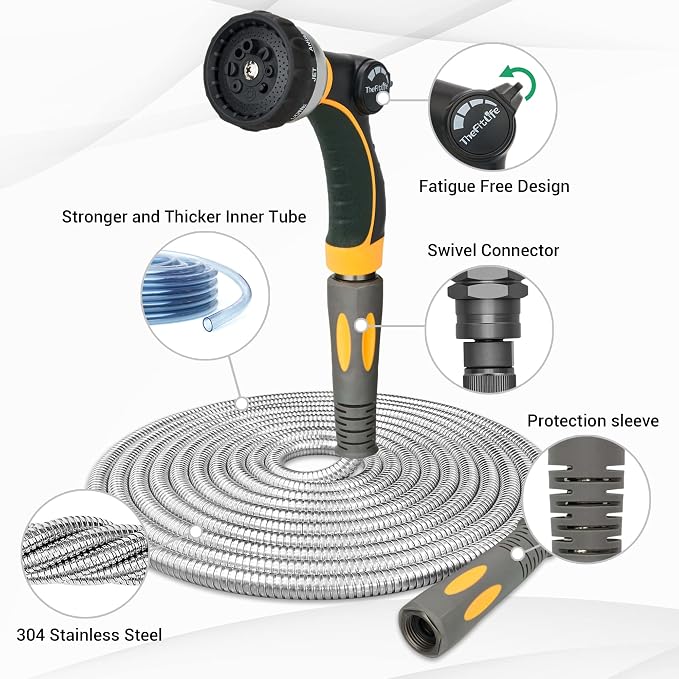 TheFitLife Flexible Metal Garden Hose - 50 FT Lightweight Stainless Steel Water Hose with Solid Fittings and Sprayer Nozzle - Leak Proof, Kink Free, Anti-rust, Large Diameter, Durable and Easy Storage