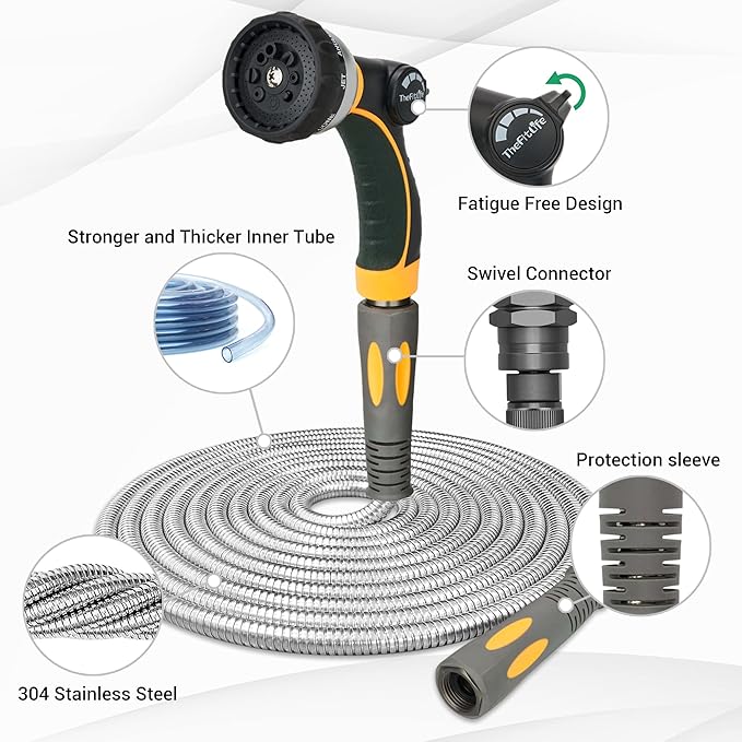 TheFitLife Flexible Metal Garden Hose - 25 FT Lightweight Stainless Steel Water Hose with Solid Fittings and Sprayer Nozzle - Leak Proof, Kink Free, Anti-rust, Large Diameter, Durable and Easy Storage