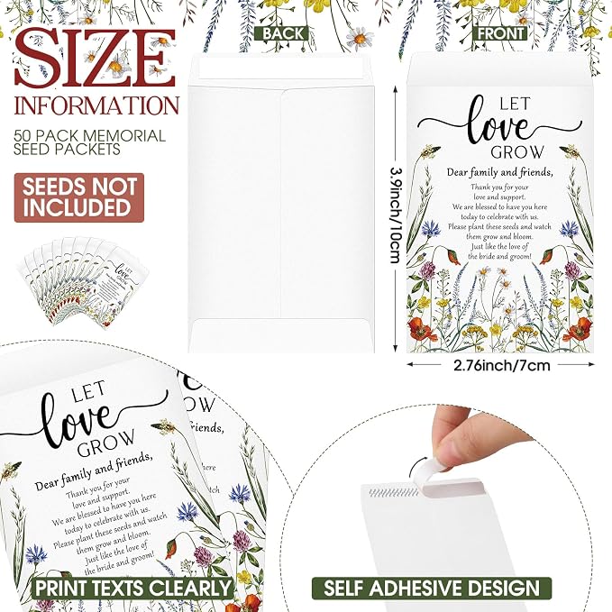 Fullhawl 50 Packs Wedding Favors for Guests Let Love Grow Seed Packet Kraft Bags Wildflower Seed Envelopes Resealable Blank Empty Organizer Storage Bag for Wedding Party Bridal Shower Gift