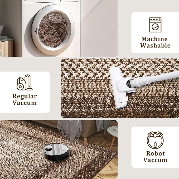 RUGSREAL 5x8 Oval Washable Rug Living Room Modern Border Bedroom Area Rugs | Non Slip Low Pile Dining Room Goemetric Oval Throw Carpet Contemporary Rugs for Living Room Kitchen Nursery, Brown