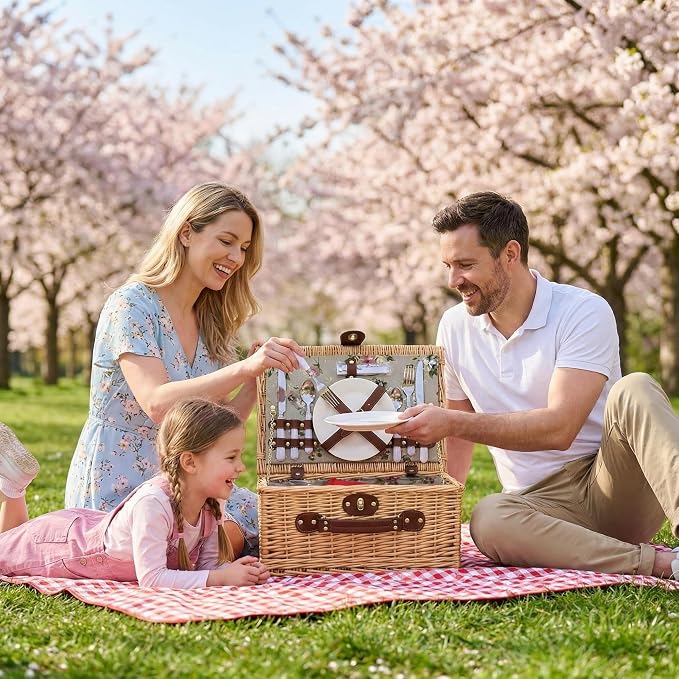 Multifunctional Wicker Picnic Basket Set for 2 Adults with Picnic Table and Blankets,Large Insulated Picnic Set with Wine Pouch and Full Tablewares for Camping Outdoor Couples Beach Wedding Flower