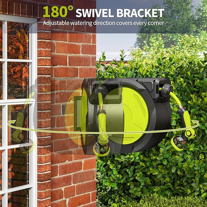 Fenbeli Retractable Garden Hose Reel 50 FT, Wall Mounted Auto Rewind Hose Reel with 10 Pattern Nozzle, Any-Length Lock, 180° Swivel Bracket, Burst-Resistant Hose & Brass Fittings for Yard Car Wash