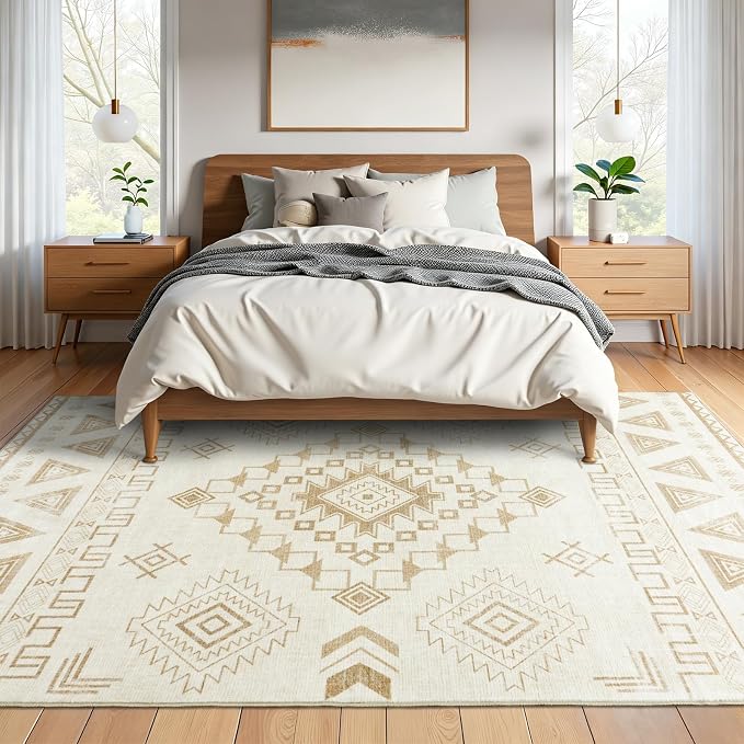 5x7 Western Rustic Aztec Area Rug for Living Room Bedroom Dining Room | 5x7 Southwestern Tribal Warm Beige Low Pile Faux Wool Rug, Machine Washable Non-Slip Carpet for Living Room Dining Bedroom