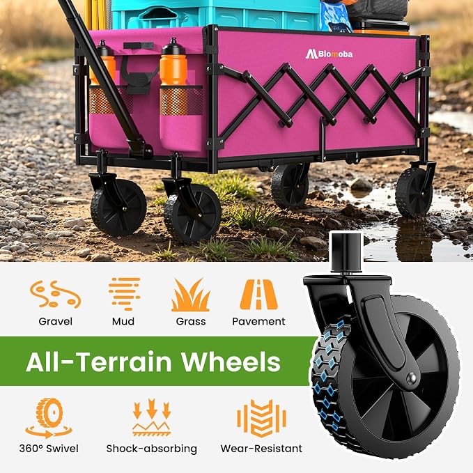 35'' Extra Long Collapsible Wagon with Wheels, 220 LBS Folding Wagon with 360° Swivel Wheels Adjustable Handle, Lightweight Portable Utility Cart for Grocery, Shopping, Garden, Sports, Camping, Pink