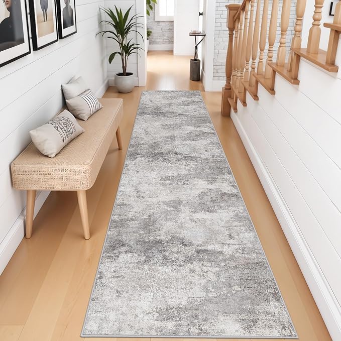2'6x12 Extra Long Runner Rug: Washable Non Slip Hallway Carpet Grey | Soft Kitchen Rugs Thin Low Pile Floor Mat for Bedroom Abstract Home Decor 2.6x12 Grey