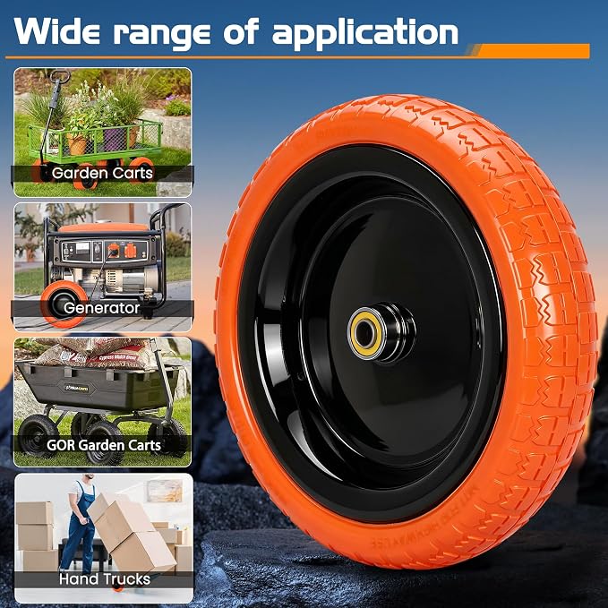 13" Flat Free Wheels Replacement for GOR Garden Cart Tires, 4.00-6 Solid Tires with 5/8"Bearings, 13" No Flat Wheels for GOR Garden Carts/Hand Trucks/Garden Carts（Orange）