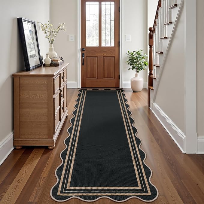 Scalloped 2.6x8 Kitchen Runner Rug, Washable Rugs for Entryway Non Slip Outdoor Indoor Black Long Rug, Farmhouse Morden Carpet for Hallway Bedroom