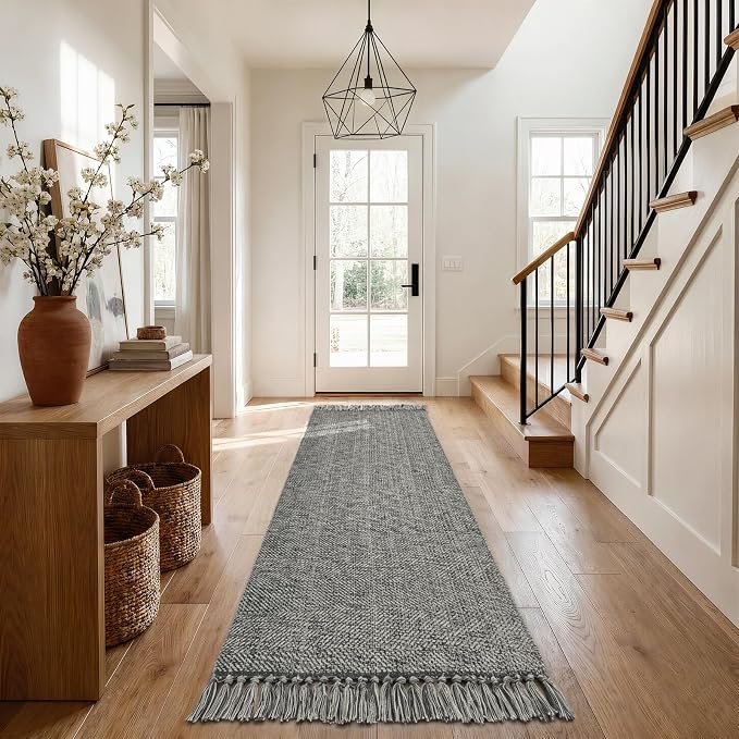 Boho Washable Kitchen Runner Rug, Farmhouse Hallway Rugs | 2.6' x 8' Modern Gray Bathroom Rugs, Hand Woven Low Profile Entry Hall Carpet for Laundry Bedroom Bedside PatioDecor