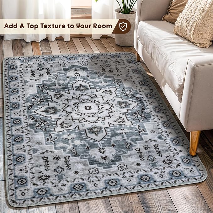 LBRO2M Machine Washable Rug Soft Pet Friendly Carpet 3X5 Dusty Blue | Persian Throw Rug 3X5 for Entryway, Kitchen, Bathroom Non Slip Carpet, Foldable Stain Resistant Rugs