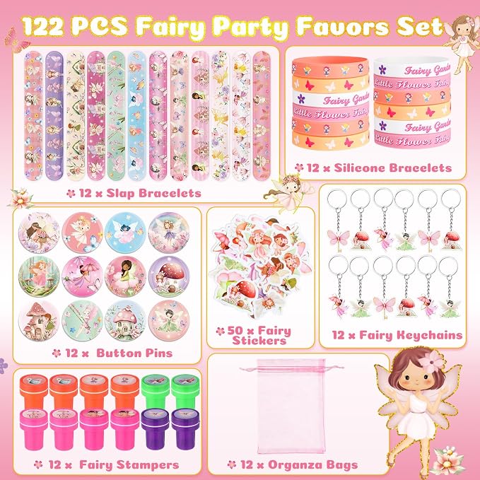 Funrous 122 Pcs Fairy Party Favors Bulk with Woodland Fairy Silicone Slap Bracelets Keychains Stickers Stampers Badges Gifts Bags for Fairytale Garden Forest Birthday Baby Shower Party Supplies
