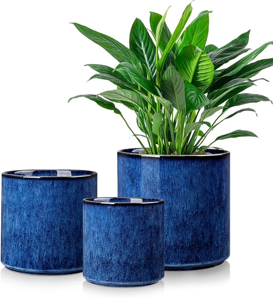 vancasso 6"+8"+10" Ceramic Pot for Plants, Large Outdoor Indoor Planter Pots with Drainage Holes, Set of 3, Blue