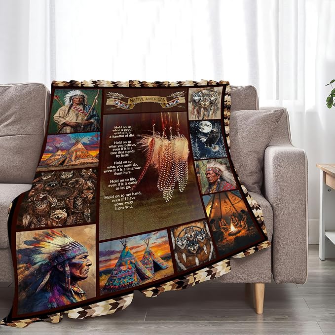 Native Indian Throw Blanket Native American Gifts for Boys Girls Women Men Plush Cozy Flannel Fleece Fuzzy Party Blankets 60"X50"