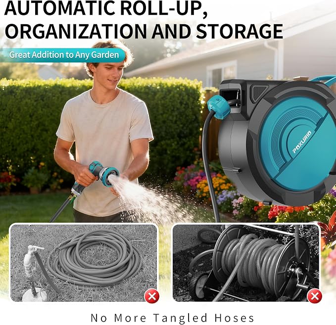 1/2" 110FT Retractable Garden Hose Reel, Wall Mounted Automatic Hose Reel with Upgraded 10 Pattern Nozzle/Any Length Lock/Slow Return System/180°Swivel Bracket, AquaBlue