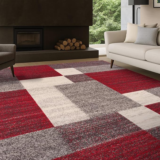Rugshop Geometric Boxes Non-Slip Modern Area Rug Red 5'3" x 7'3" | Non-Shedding, Rectangular, Size 5'3" x 7'3", Living Room, Bedroom, Dining Room, Home Office, Kitchen, Entryway, Hallway