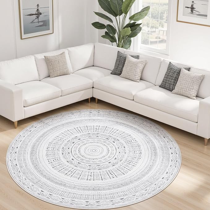 cotiled 6x6 Round Rug 6ft Circle Living Room Boho Area Rugs | Washable Foldable Indoor Carpet for Bedroom Home Office Dark Grey