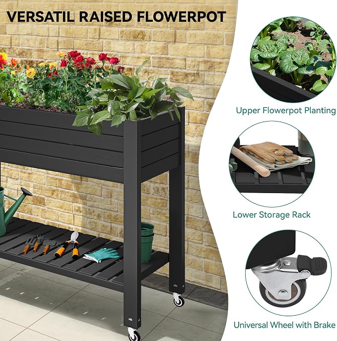 YITAHOME 3.6x1.5x2.8 FT Elevated Garden Bed Kit with Legs and Wheels, Outdoor Large Resin Planter Box Stand with Drain Plug and Storage Shelf for Plants Vegetables Fruits, Black