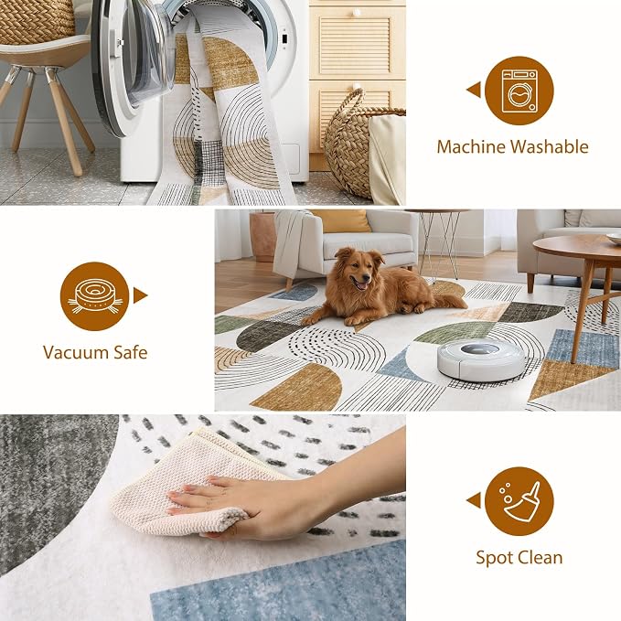 Beeiva Boho Area Rugs for Living Room, 5x7 Washable Area Rug Non Slip Geometric Carpet, Low Pile Lightweight Soft Rugs for Bedroom Home Office, Living Room Home Decor (Multi Color,5X7)