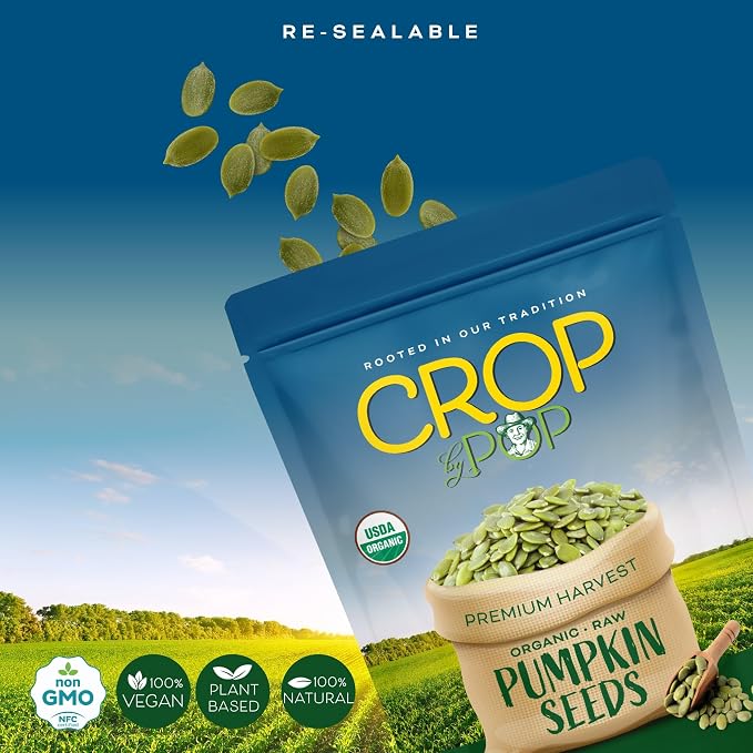 CROP BY POP - Organic Raw Pumpkin Seeds (16 Oz - 1 LB) Packed Fresh in Resealable Bag - USDA Organic, Non GMO - Naturally Grown, Vegan, Kosher