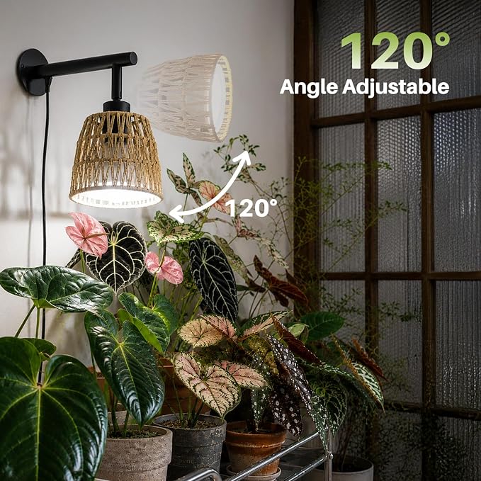 Boho Wall Mounted Grow Light for Indoor Plants, 18W Full Spectrum Hanging Plant Light with 5000K & 3 Dimmable Levels, Decorative Grow Light for Tall Plants & Flowers, 9.8ft Cord