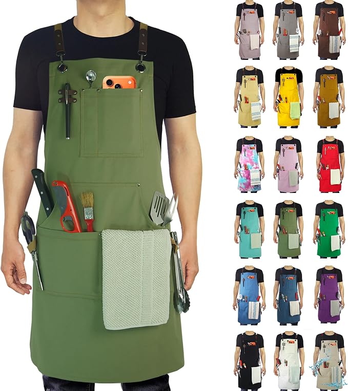 Kitchen Apron, Work Apron, Canvas Apron, Olive | Multiple Pockets, Gardening, Painting, BBQ, Artist, Carpenter, Sizes M to XXL