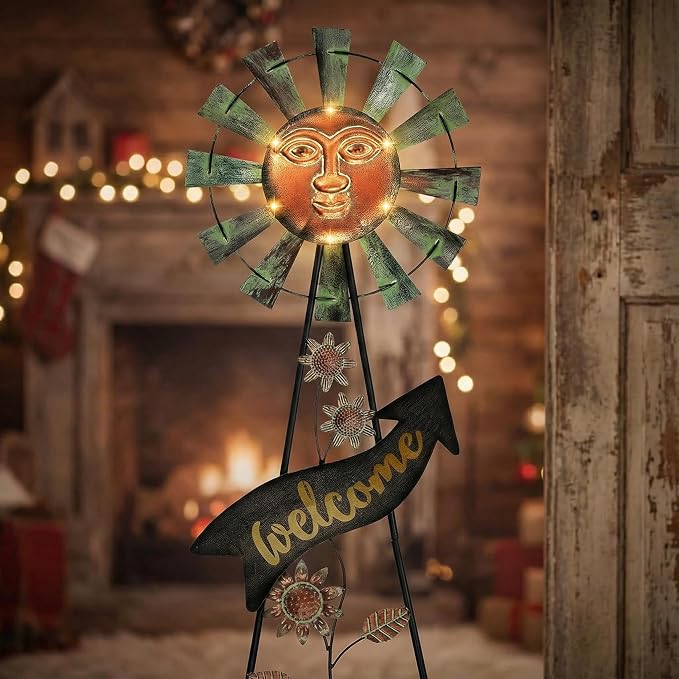 TERESA'S COLLECTIONS Garden Decor with Solar Outdoor Lights, Wind Spinner Yard Art Sign for Outside, 26'' Bronze Metal Sun Face Windmill Decorative Garden Stake for Lawn Ornaments, Gifts for Mom