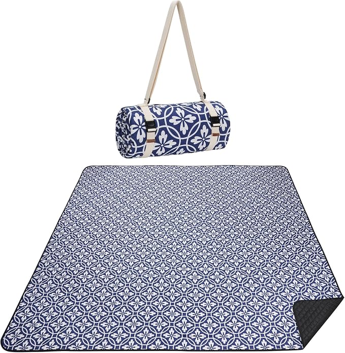 WILLOW WEAVE Picnic Blanket, 80''x80'' Waterproof Outdoor Blankets, Picnic Mat Washable for Beach, Picnic Blankets for Camping on Grass with Shoulder Strap - NavyBlue