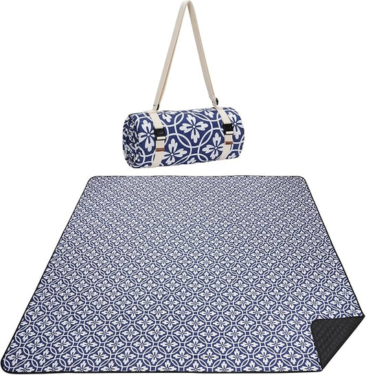 WILLOW WEAVE Picnic Blanket, 80''x80'' Waterproof Outdoor Blankets, Picnic Mat Washable for Beach, Picnic Blankets for Camping on Grass with Shoulder Strap - NavyBlue