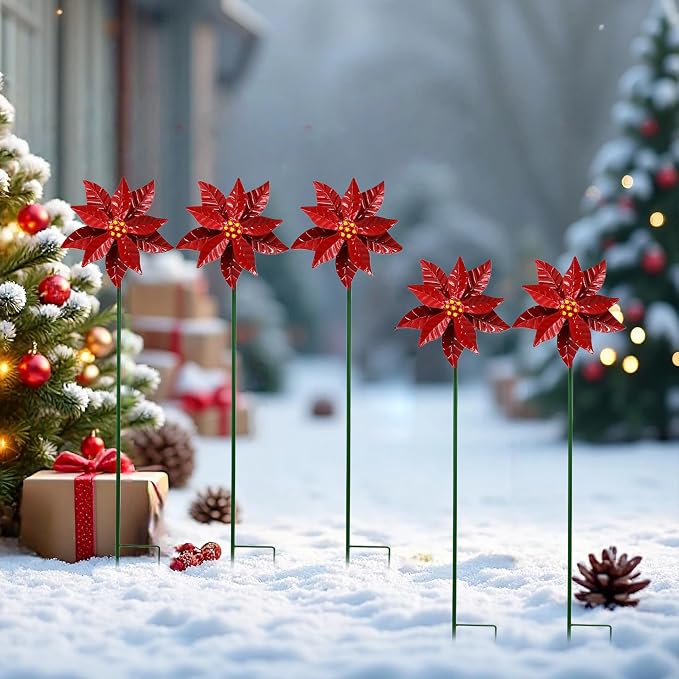 Metal Flowers Wind Spinner Garden Lawn Stakes Yard Art Poinsettia Windmill | 27 Inch Handicraft Lawn Decorations, 5 Pieces Christmas Star Stake, Metal Yard Art Outdoor Mother's Day Decoration Gift