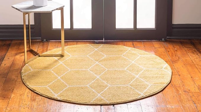 Unique Loom Trellis Frieze Collection Area Rug - Geometric (7' Round, Yellow/ Ivory)