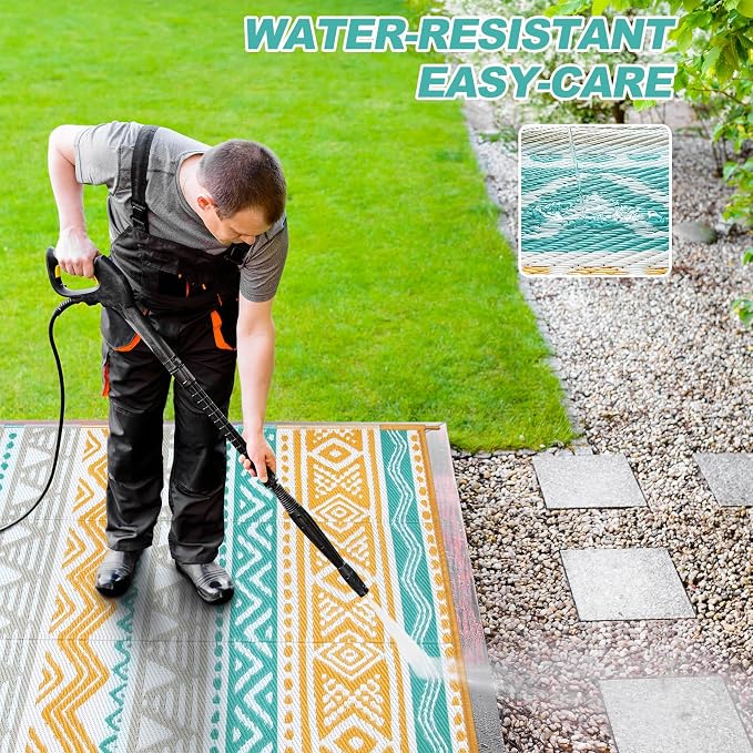 Lahome Waterproof Outdoor Rug 6x9, Reversible Outdoor Plastic Straw Rug for Camping, Large RV Outdoor Patio Rug, Outdoor Rugs Carpet for Porch Deck Backyard Balcony Picnic(Blue/Yellow,6'x 9')