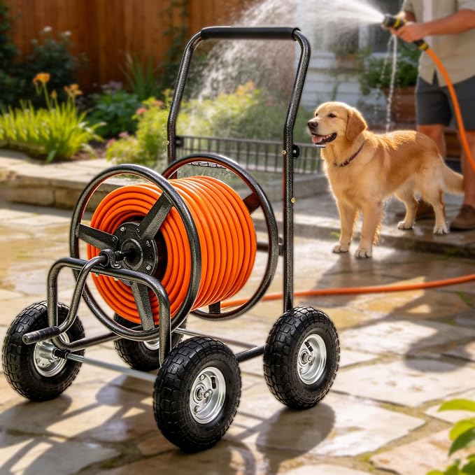 Hose Reel Cart, Holds 250 ft of 5/8" Hose, Heavy Duty Industrial Garden Water Hose Reel with 4 Wheels, Storage Basket, Powder-Coated Steel Frame for Lawn, Yard, Garden, Outdoor