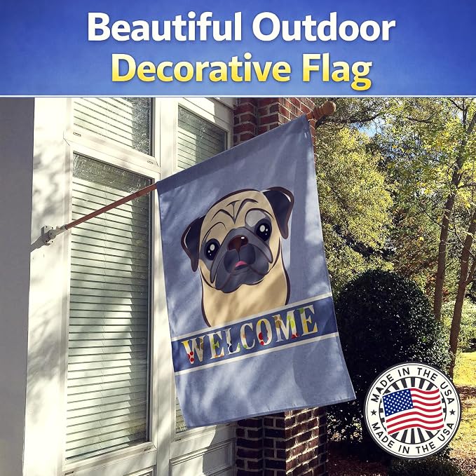 Caroline's Treasures BB1448CHF Fawn Pug Welcome House Flag, Blue Large Porch Sleeve Pole Decorative Outside Yard Banner Artwork Wall Hanging, Polyester, House Size, Multicolor
