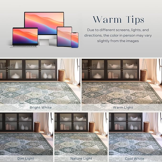 Phantoscope Washable Area Rug 5'x7' Non-Slip, Vintage Boho Rugs for Living Room, Bedroom, Dining Room, Distressed Moroccan Mosaic Diamond Pattern, Low-Pile Foldable Floor Carpet, Grey Charcoal