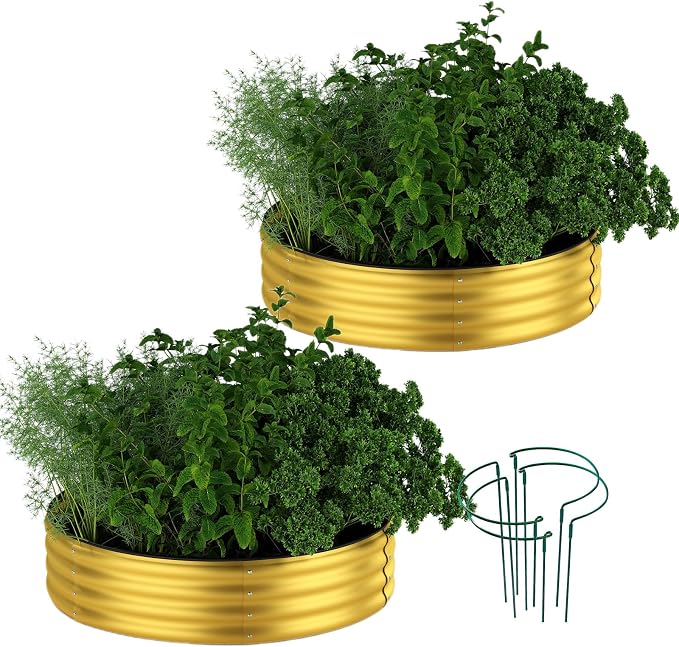 ZFHgarden Galvanized Metal Planter Round Raised Garden Bed Kit for Gardening Outdoor Galvanized Planter Outdoor 2PC Gold 2X2X1FT