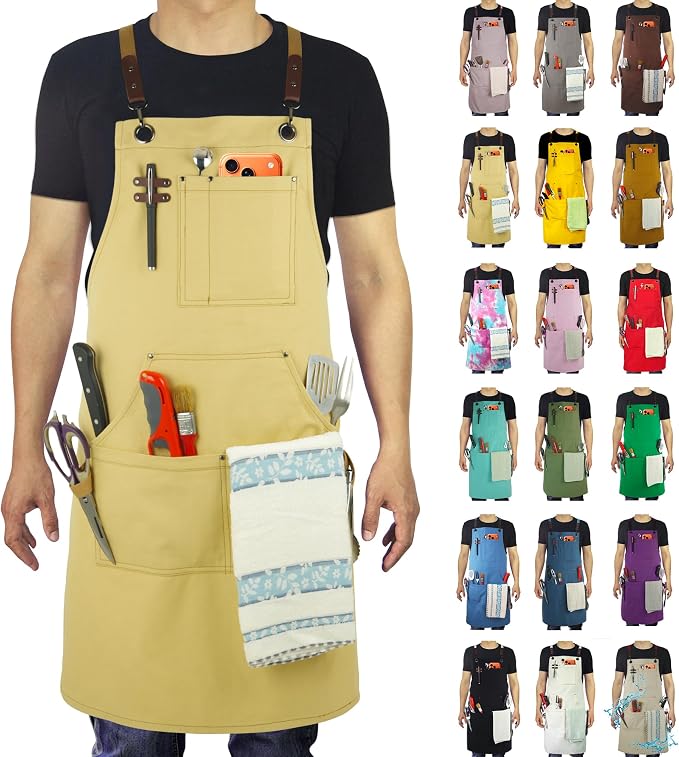 Kitchen Apron, Work Apron, Canvas Apron, Amber | Multiple Pockets, Gardening, Painting, BBQ, Artist, Carpenter, Sizes M to XXL