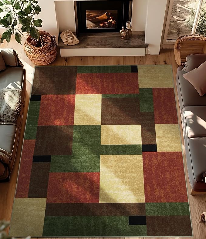 Red and Green Rug 8x10, Burgundy Farmhouse Vintage Rugs Washable for Living Room,Burnt Orange Area Rug Non Slip,Geometric Boho Area Rug for Kitchen,Dining Room,Bedroom