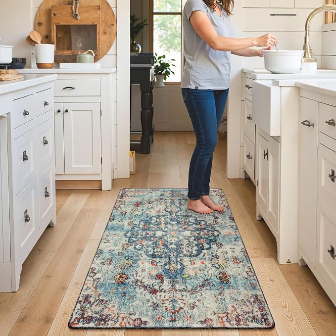 Lahome Reine Bohemian Floral Medallion Area Rug - 3x5 Vintage Teal Distressed Entry Throw Rug Turkish Faux Wool Accent Rug Non-Slip Washable Low-Pile Carpet for Bathroom Entrance Living Bedroom