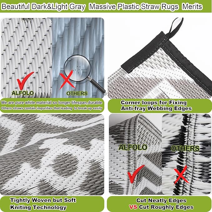 Alfolo Outdoor Rug for Deck 8x10 Waterproof,Outdoor Plastic Straw Camping Rug Reversible Mat for for Patio,Porch, Balcony Rv Camping Mat Outside Mat Indoor Outdoor Area Rug (Grey&White, 8'x10')