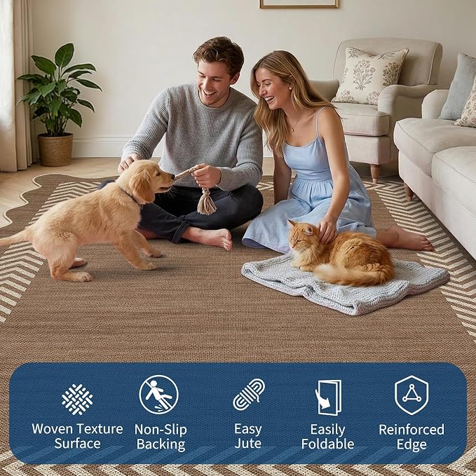 Garvee Large Area Rug 10x13 Rugs Easy Jute Washable Rug, Brown | Scalloped Area Rug Stain Resistant Easy Cleaning Throw Rugs Low Pile Floor Cover for Nursery Dining Room Apartment